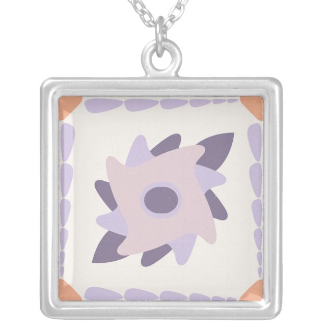Purple Pastel Decorative Tile Pattern Silver Plated Necklace (Front)