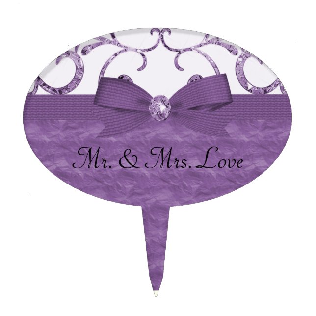 Purple Pastel & Diamond Swirls Bow Ribbon Wedding Cake Topper (Front)