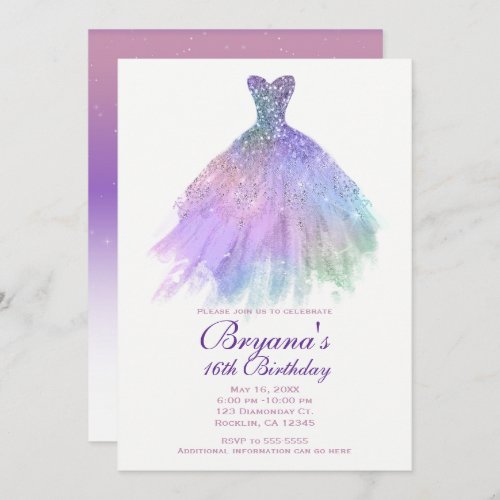 Purple Pastel Glitter Glam Dress Sweet 16 Party Invitation