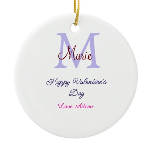 Purple pastel happy Valentine's day pink monogram  Ceramic Ornament