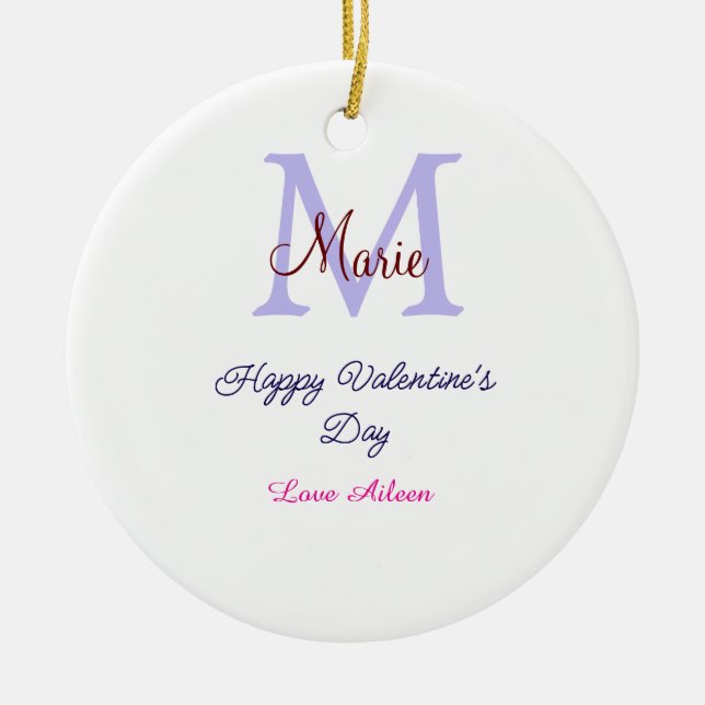 Purple pastel happy Valentine's day pink monogram  Ceramic Ornament (Front)