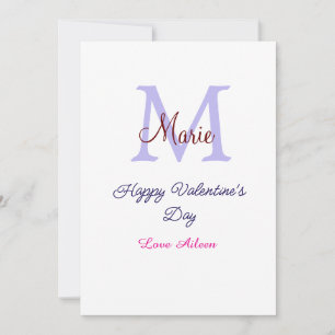 Purple pastel happy Valentine's day pink monogram Holiday Card