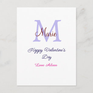 Purple pastel happy Valentine's day pink monogram Postcard