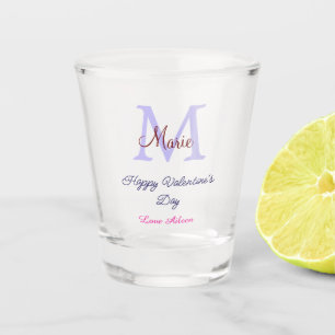 Purple pastel happy Valentine's day pink monogram  Shot Glass