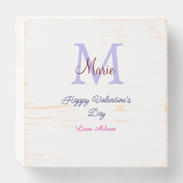 Purple pastel happy Valentine's day pink monogram  Wooden Box Sign (Front Horizontal)