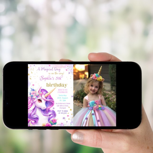 Purple Pastel Magical Unicorn Birthday Photo Invitation (Front Digital)