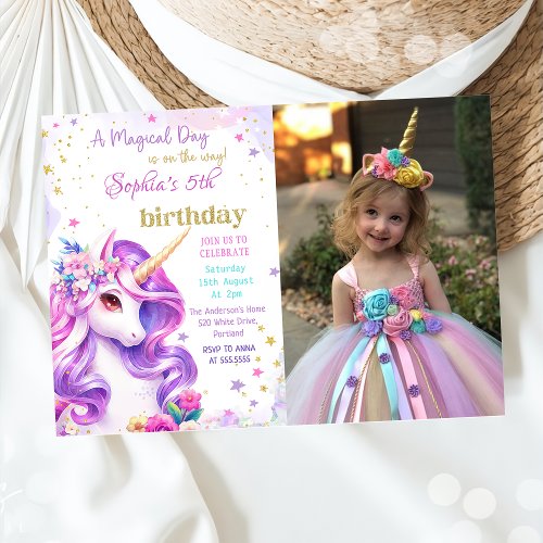 Purple Pastel Magical Unicorn Birthday Photo Invitation