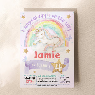 Purple Pastel Rainbow Unicorn Girls Party Birthday Invitation
