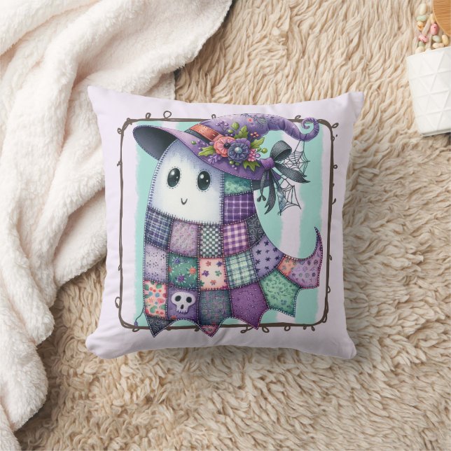 Purple Patchwork Ghost Halloween – Spooky Decor Throw Pillow (Blanket)