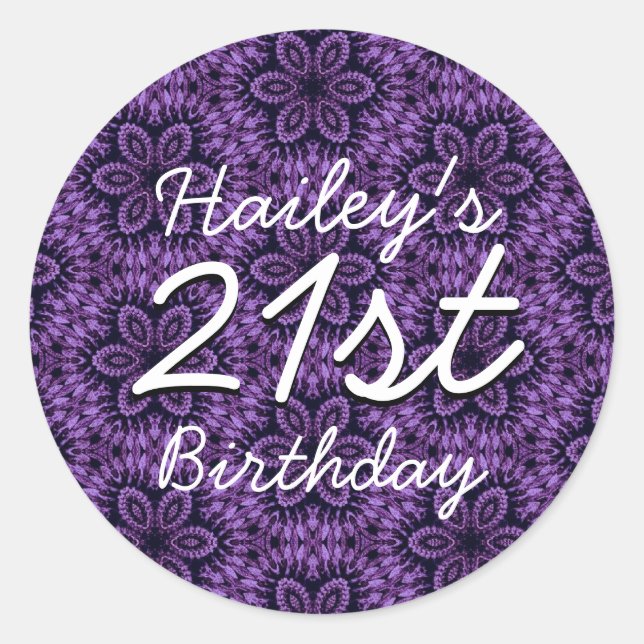 Purple Pattern 21st Birthday Custom Name V205 Classic Round Sticker (Front)