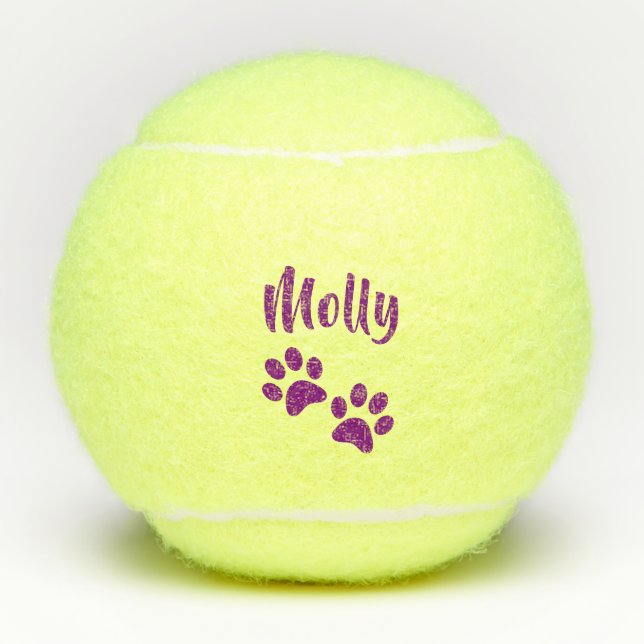 Purple Paw Print Personalized Pet or Dog Name Toy Tennis Balls (Front)