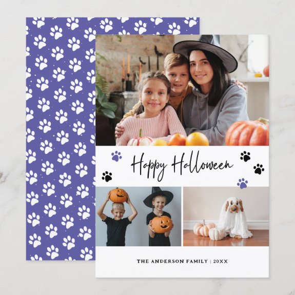 Purple Paw Print Pet Photo Happy Halloween Card