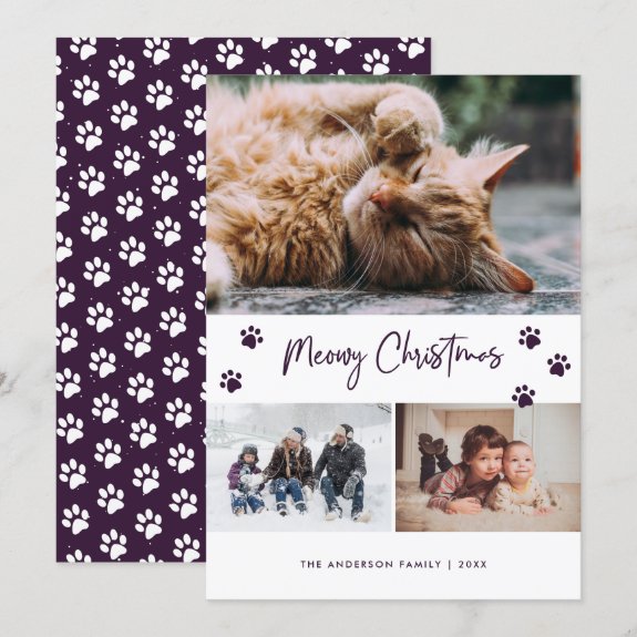 Purple Paw Print Photo Collage Meowy Christmas Pet Card