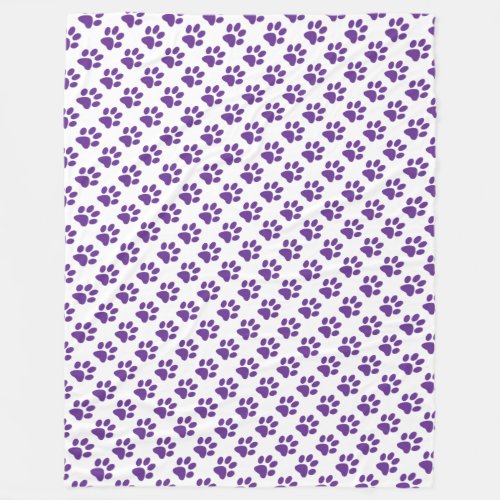 Purple Paw Prints Pattern on White  Fleece Blanket