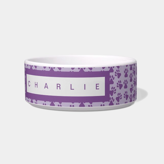 Purple Pawprints Personalized Dog Bowl (Front)