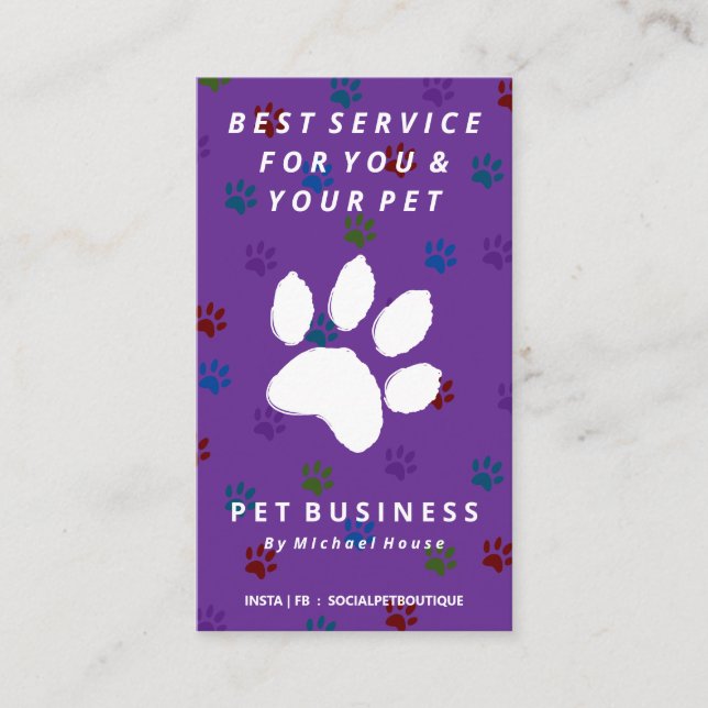 purple paws dog cat pet sitting business card (Front)