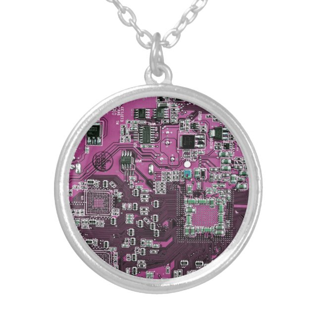 Purple PCB Circuit Board Design for IT Pros Silver Plated Necklace (Front)