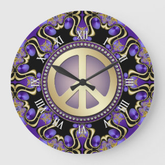 Purple PEACE Gold Royal Geometry Mandala Large Clock