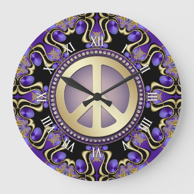 Purple PEACE Gold Royal Geometry Mandala Large Clock (Front)