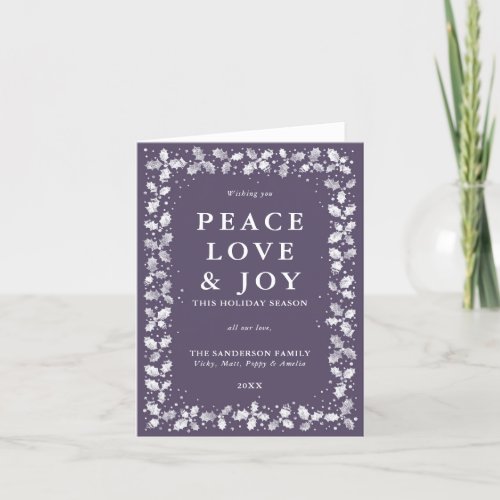 Purple Peace Love  Joy Hand Printed Holly Holiday Card