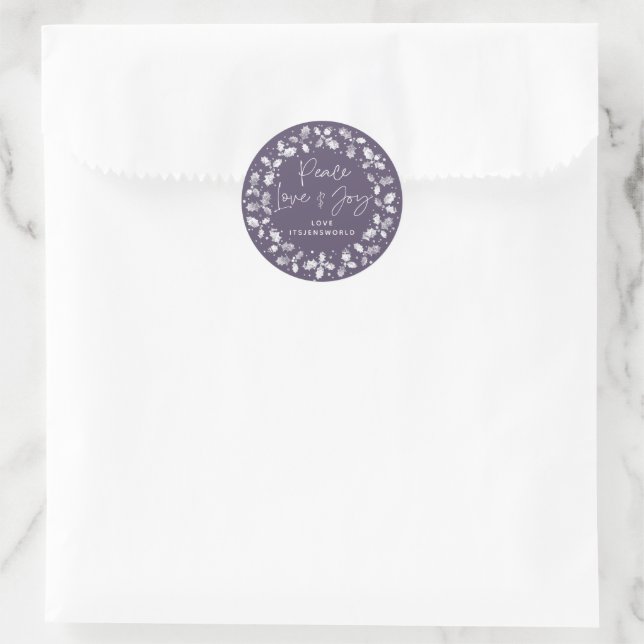 Purple Peace Love+Joy Holly Wreath Classic Round Sticker (Bag)