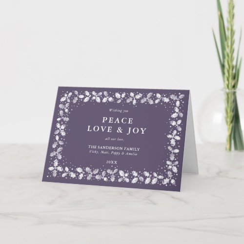 Purple Peace Love  Joy Printed Holly Non Photo Holiday Card