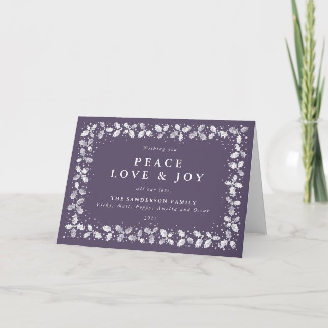Purple Peace Love & Joy Printed Holly Non Photo Holiday Card (Front)