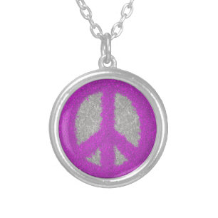 Purple Peace Sign Silver Plated Necklace
