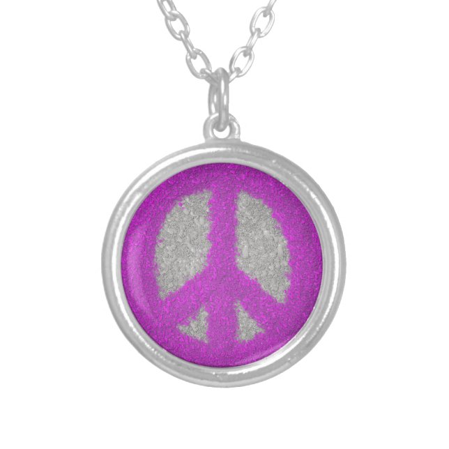 Purple Peace Sign Silver Plated Necklace (Front)