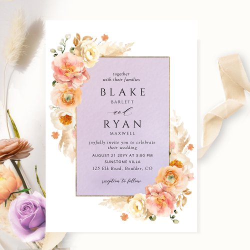 Purple Peach Blush and Cream Floral Chic Wedding  Invitation