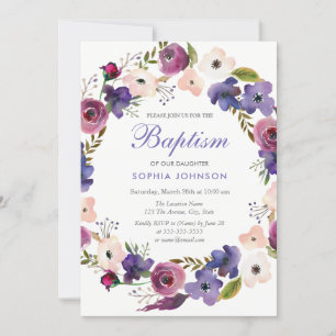 Purple Peach Burgundy Wreath Floral Baptism Invite