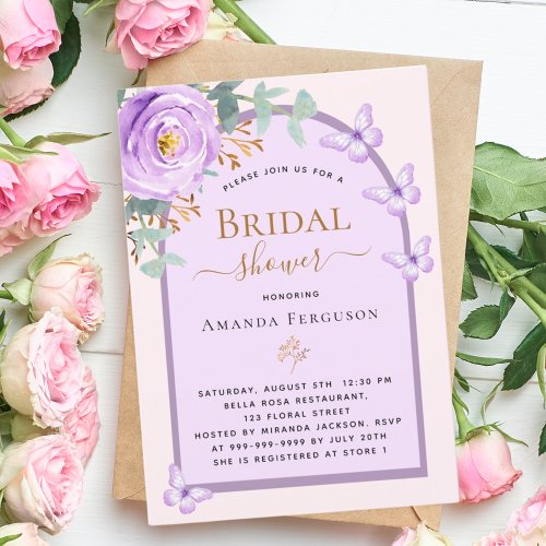 Purple peach butterflies floral arch Bridal Shower Invitation