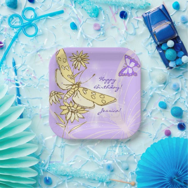 Purple Peach Butterfly  Paper Plates (Party)