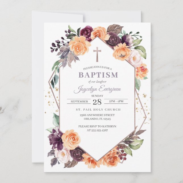 Purple Peach Floral Fall Baptism Invitation (Front)