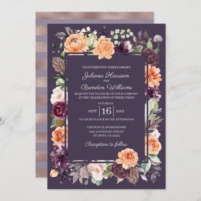 Purple Peach Floral Fall Wedding Invitation (Front/Back)