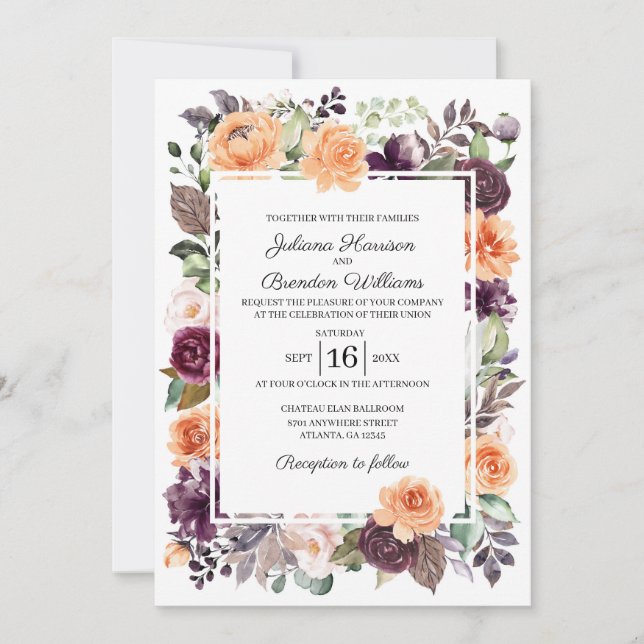 Purple Peach Floral Fall Wedding Invitation (Front)