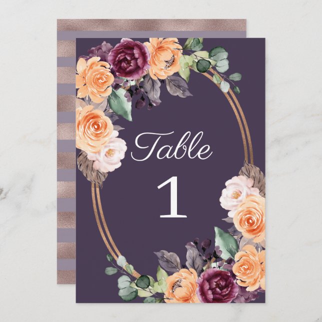 Purple Peach Floral Fall Wedding Table Number (Front/Back)