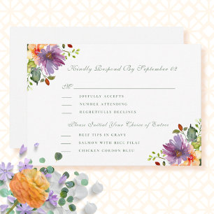 Purple Peach Floral Menu Selection Wedding RSVP