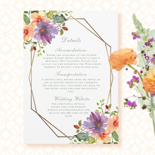 Purple Peach Floral QR Code Modern Wedding Detail  Invitation