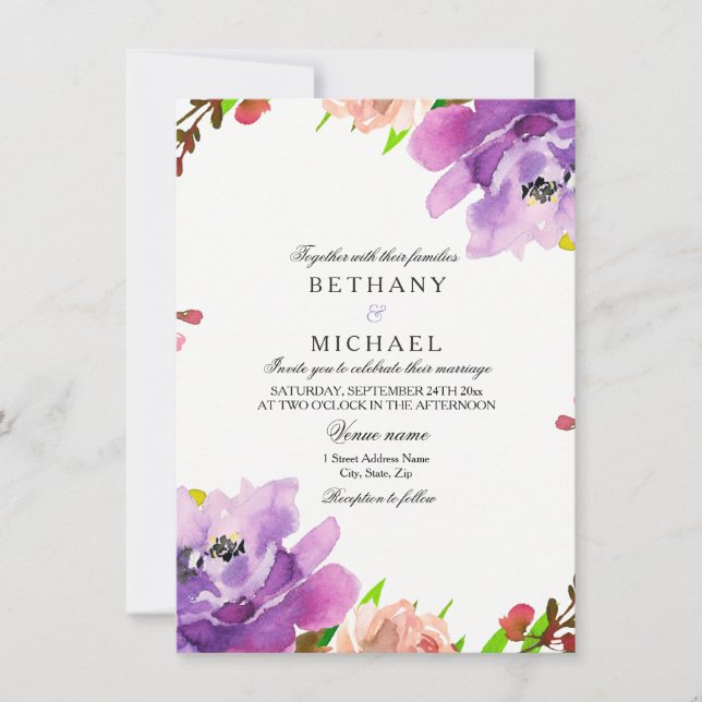Purple Peach Floral Watercolor Wedding Invitation (Front)