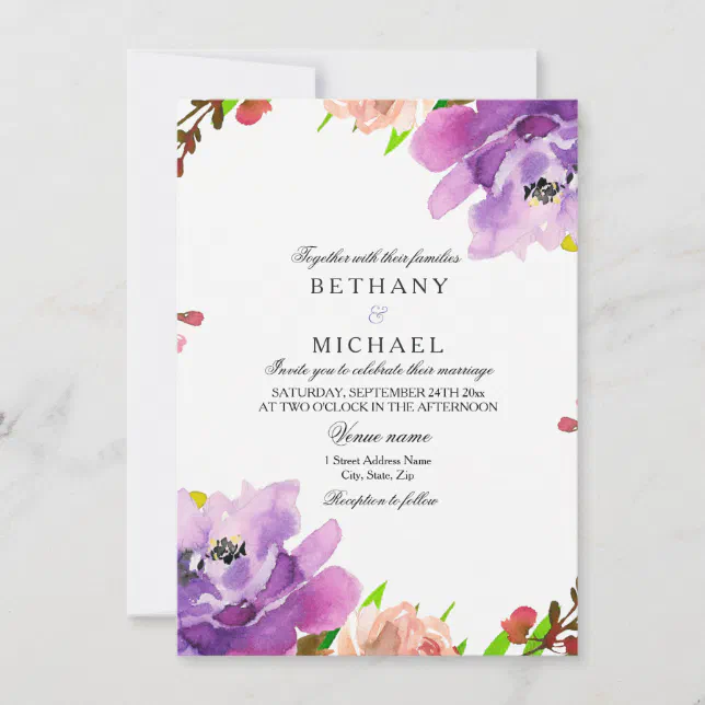 Purple Peach Floral Watercolor Wedding Invitation | Zazzle