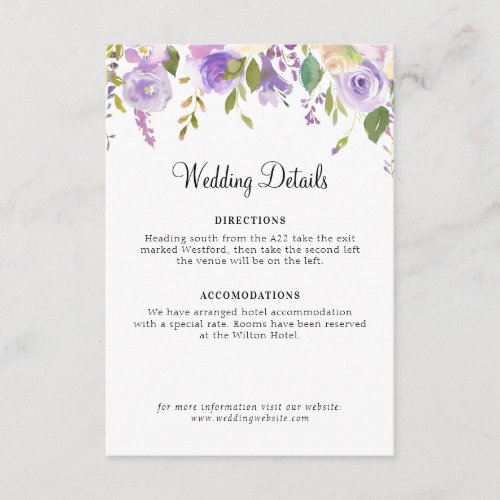 purple  peach floral wedding details card