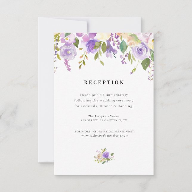purple & peach floral wedding reception card (Front)
