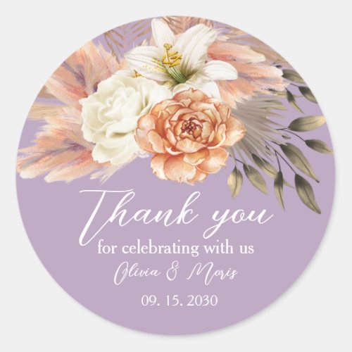 Purple Peach Floral Wedding Thank You Classic Round Sticker