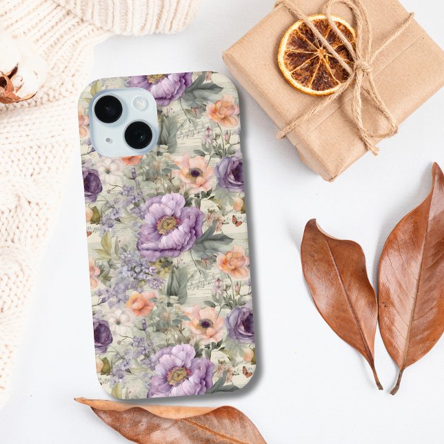 Purple Peach Flowers Floral Vintage Shabby Chic Case-Mate iPhone Case (Purple Peach Floral Shabby Chic Cottage Core Vintage Antique iPhone case)