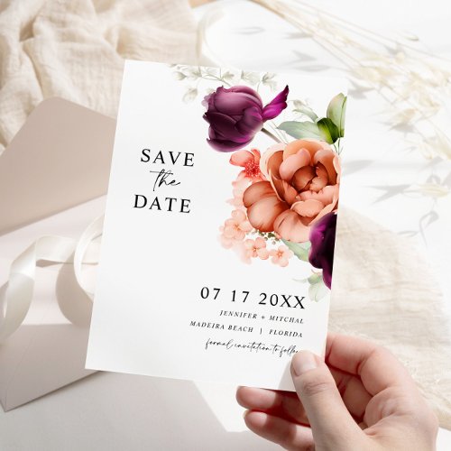 Purple  Peach Flowers Save The Date Card