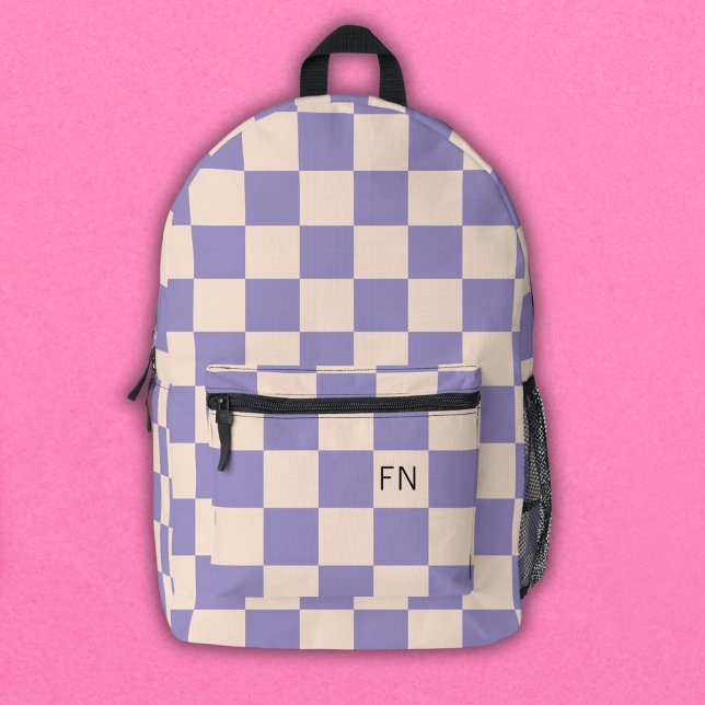 Purple & Peach Monogram Initials Checkerboard Printed Backpack (Creator Uploaded)