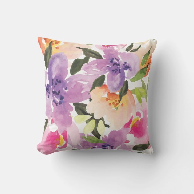 Purple Peach Pink Boho Watercolor Flowers Outdoor Pillow Zazzle