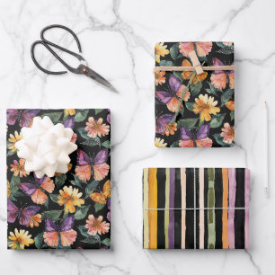 Purple Peach Pink Butterflies Flowers Birthday Wrapping Paper Sheets