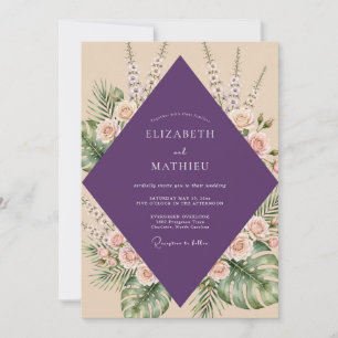 Purple Peach Tropical Eucalyptus Wedding Invitation